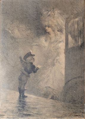 tableau représentant une femme et un enfant debout dans l'eau
