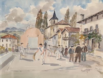 a painting of a group of people walking down the street
