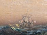 a painting of a ship in the middle of the ocean