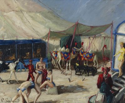 a painting of a circus scene with a man on a horse