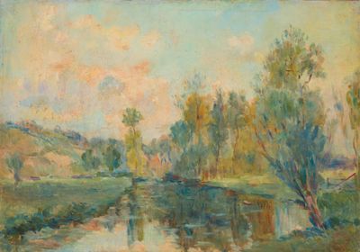 l'image d'une peinture représentant une rivière avec des arbres en arrière-plan