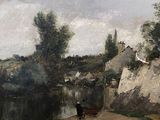 un tableau représentant des personnes marchant le long d'un sentier au bord d'une rivière