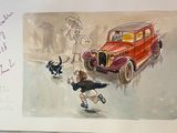 a drawing of an old car and a cat on the street