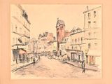 drawing of a street scene with a clock tower in the distance