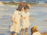 painting of two girls on the beach playing with a dog