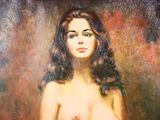 an oil painting of a woman in a red dress posing for a picture