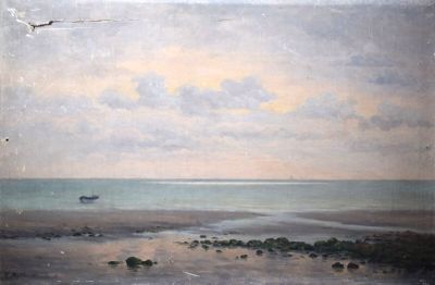 une peinture d'un bateau dans l'eau sur la plage