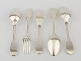 four forks and two spoons on a white surface
