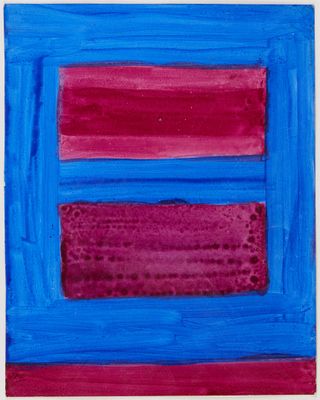 un tableau représentant un carré bleu et rouge orné d'une bande rouge