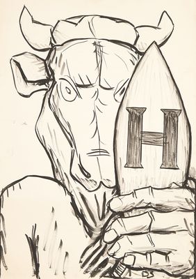 drawing of a man with a bull ' s head and a house in his hand