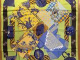 yellow, blue, and green square scarf with a picture of a woman in a kimono kimono kimono kimono kimono kimono kimono kimono