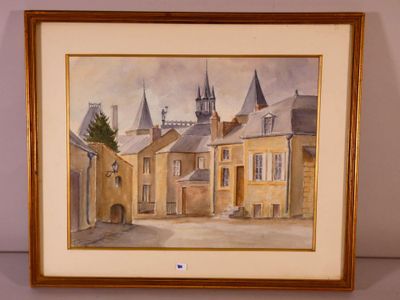 framed watercolor painting of a street scene with buildings and a clock tower