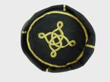 a black and gold hat with a celtic knot on it