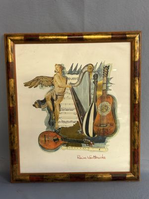 painting of an angel playing a harp and a guitar on a wall