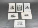 six gravures anciennes représentant des personnes et des animaux posés sur une table