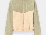 une veste pour femme avec un motif color block vert et beige sur le devant