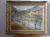 a picture of a painting on the wall above a stool