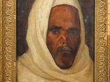 an oil painting of a man in a white head scarf