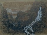 dessin représentant une cascade dans une vallée, avec une montagne en arrière-plan