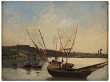 a painting of a boat on the water with other boats in the water