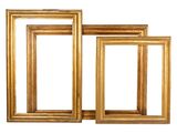a set of three gold picture frames on a white background