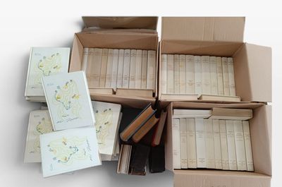 Des cartons remplis de livres sont empilés les uns sur les autres sur une surface blanche