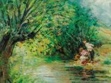 un tableau représentant deux enfants jouant dans un ruisseau près d'un arbre