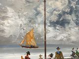 painting of a group of people on a beach with a boat in the background