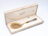 a gold spoon and a silver spoon in a box