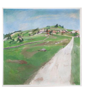 une peinture à l'huile représentant un chemin de terre menant à un petit village