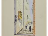 an image of a painting of a street scene with people walking down the stairs