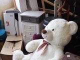 a large white teddy bear sitting on a chair in a room