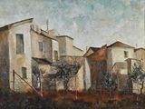 une peinture à l'huile représentant une rangée de maisons dans un cadre champêtre