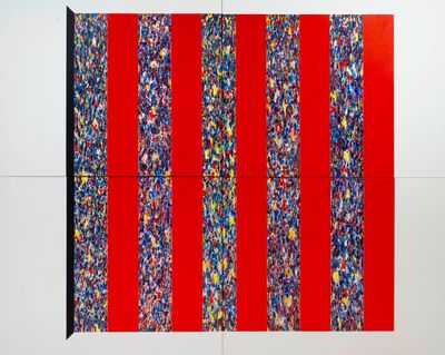 an image of a painting of red and blue stripes on a white wall