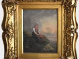 un tableau représentant une femme assise sur un rocher, dans un cadre doré