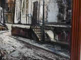 a painting on the wall of a building that has a train on it