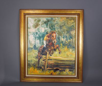 une peinture à l'huile représentant un cheval et son cavalier sautant par-dessus une bûche
