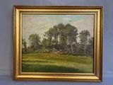 an image of a painting of a field with a house in the background