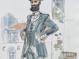 drawing of a man in a suit and top hat standing in front of a tree