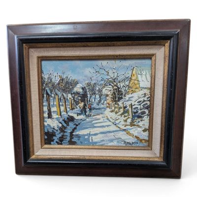 painting of a snowy road with a church in the distance and trees in the foreground