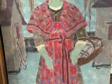 un tableau représentant une femme en robe rouge tenant un panier