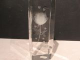 un vase en verre avec une fleur à l'intérieur sur une table