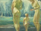 tableau représentant deux femmes et un enfant debout dans un parc