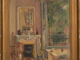 an oil painting of a room with a fireplace and a mirror
