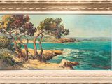 an oil painting of a beach scene with trees on the shore