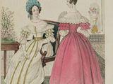 an old fashion plate of two women in dresses sitting on a chair