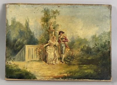 an old painting of a woman and a child in a garden