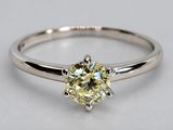 un gros plan d'une bague sertie d'un diamant jaune sur une surface blanche