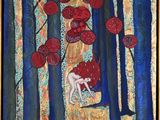 painting of a woman on a swing in a forest with red flowers