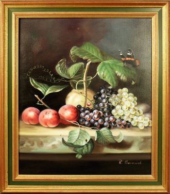 une peinture à l'huile représentant une nature morte composée de fruits posés sur une table
